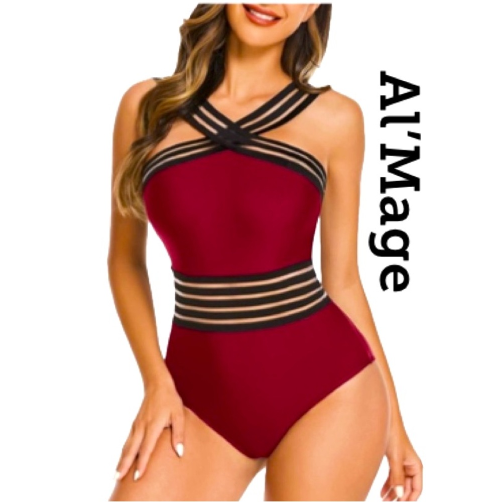 Al'MAGE Crossover Slimming Swimwear Monokini One Piece Swimsuit Wine Red…